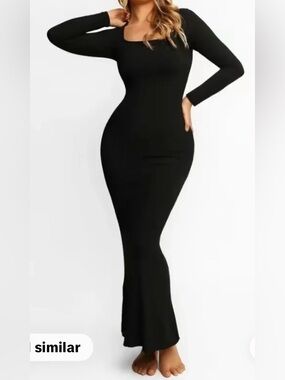 Soo Slick Long Sleeve Square Neck Ribbed Maxi Dress with Built-In Shapewear Sz L